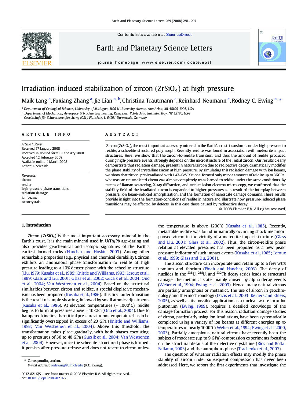 Irradiation-induced stabilization of zircon (ZrSiO4) at high pressure