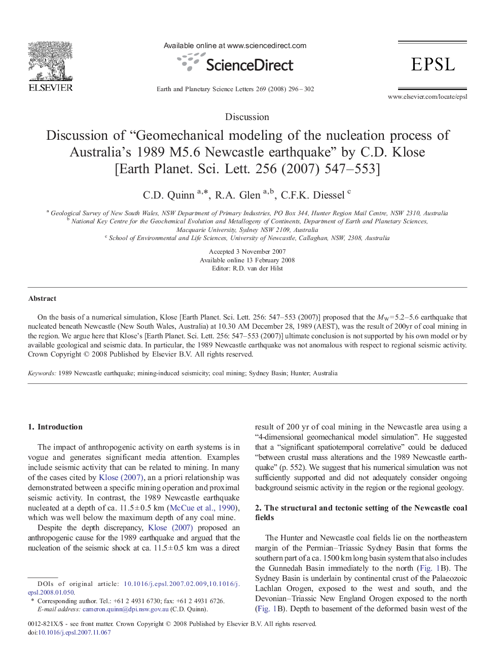 Discussion of “Geomechanical modeling of the nucleation process of Australia's 1989 M5.6 Newcastle earthquake” by C.D. Klose [Earth Planet. Sci. Lett. 256 (2007) 547–553]