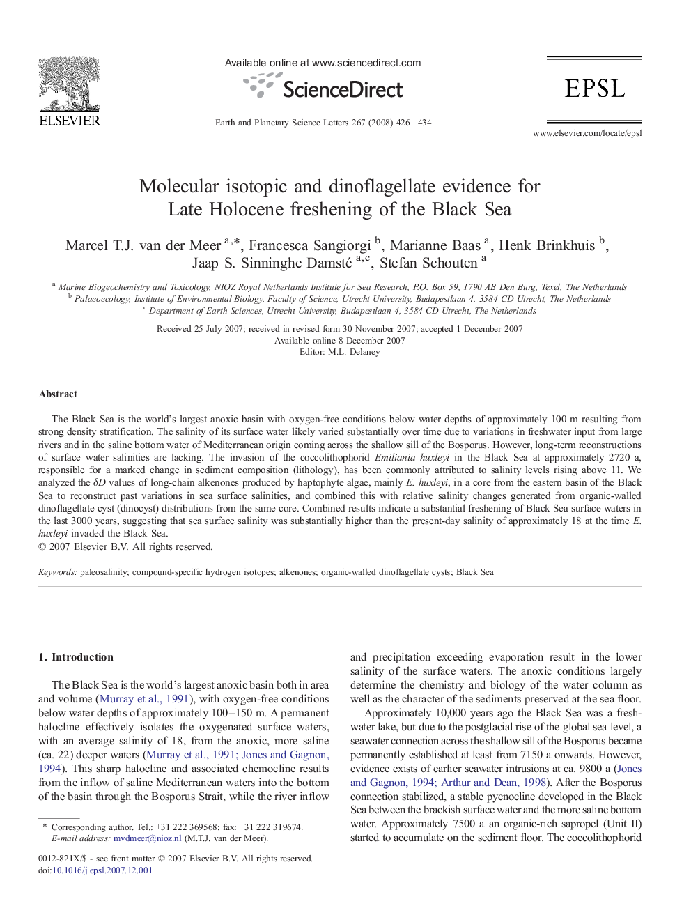 Molecular isotopic and dinoflagellate evidence for Late Holocene freshening of the Black Sea