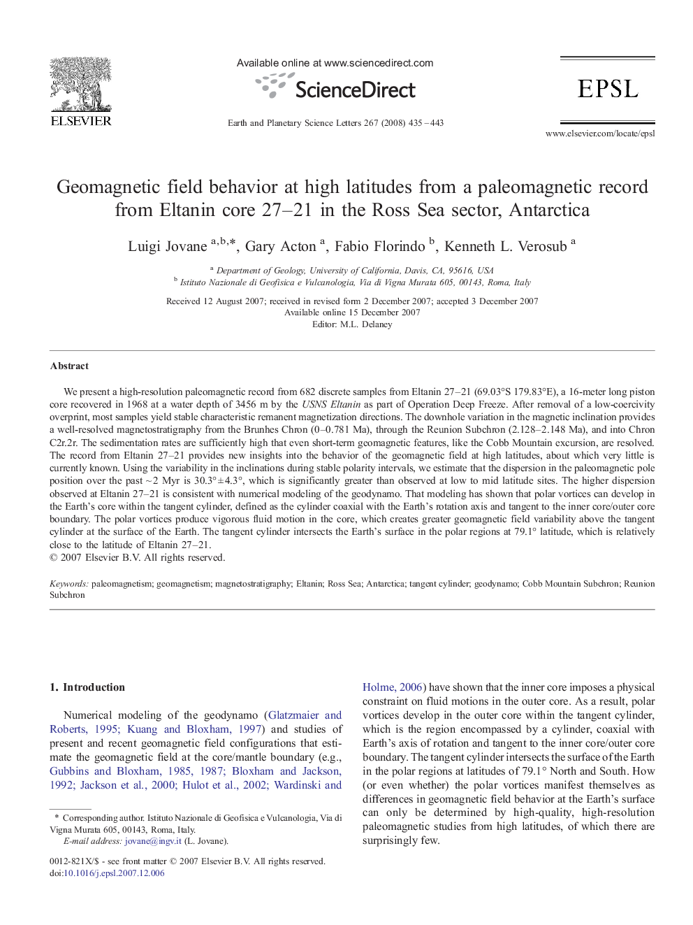 Geomagnetic field behavior at high latitudes from a paleomagnetic record from Eltanin core 27–21 in the Ross Sea sector, Antarctica