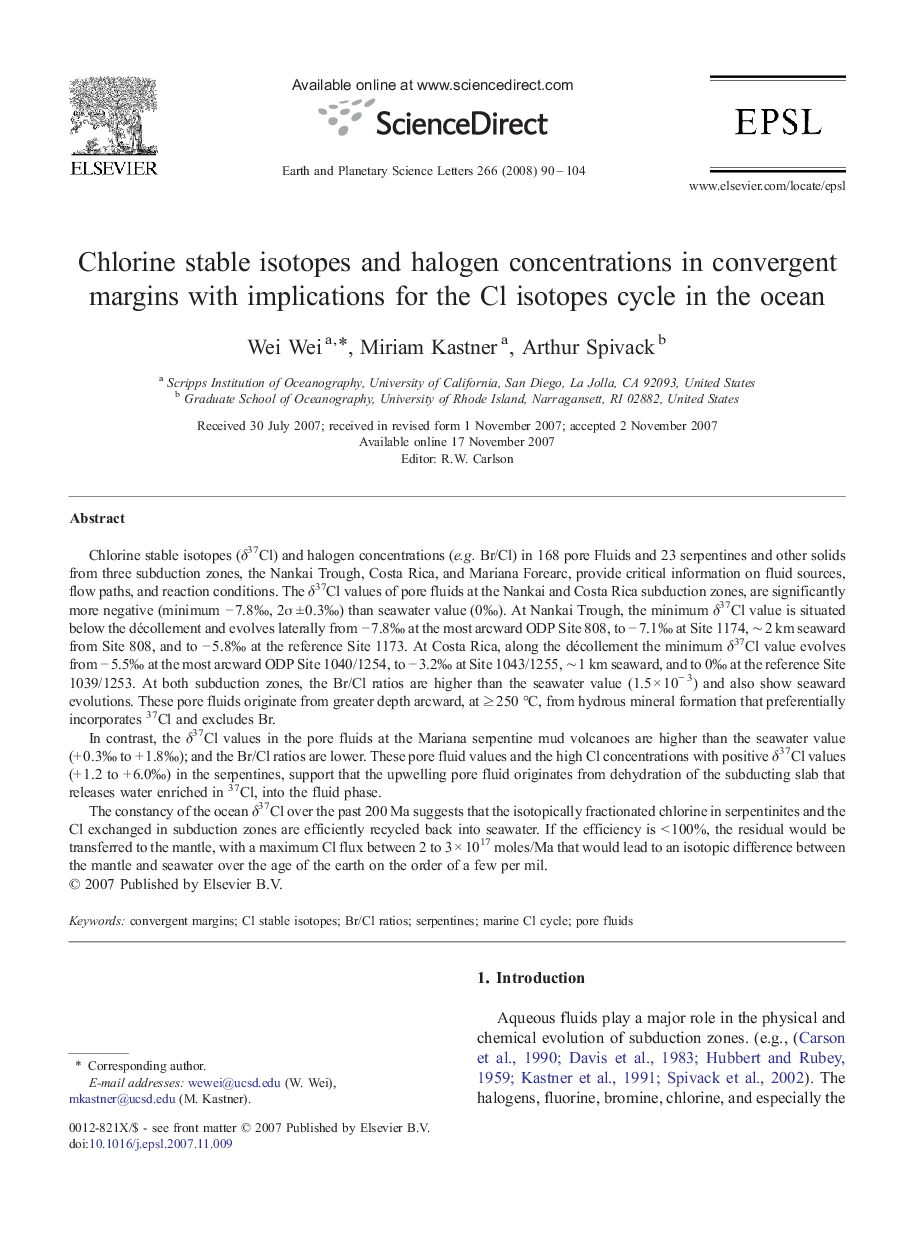 Chlorine stable isotopes and halogen concentrations in convergent margins with implications for the Cl isotopes cycle in the ocean