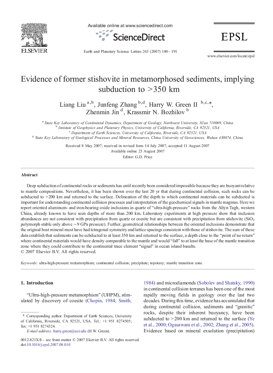 Evidence of former stishovite in metamorphosed sediments, implying subduction to > 350 km