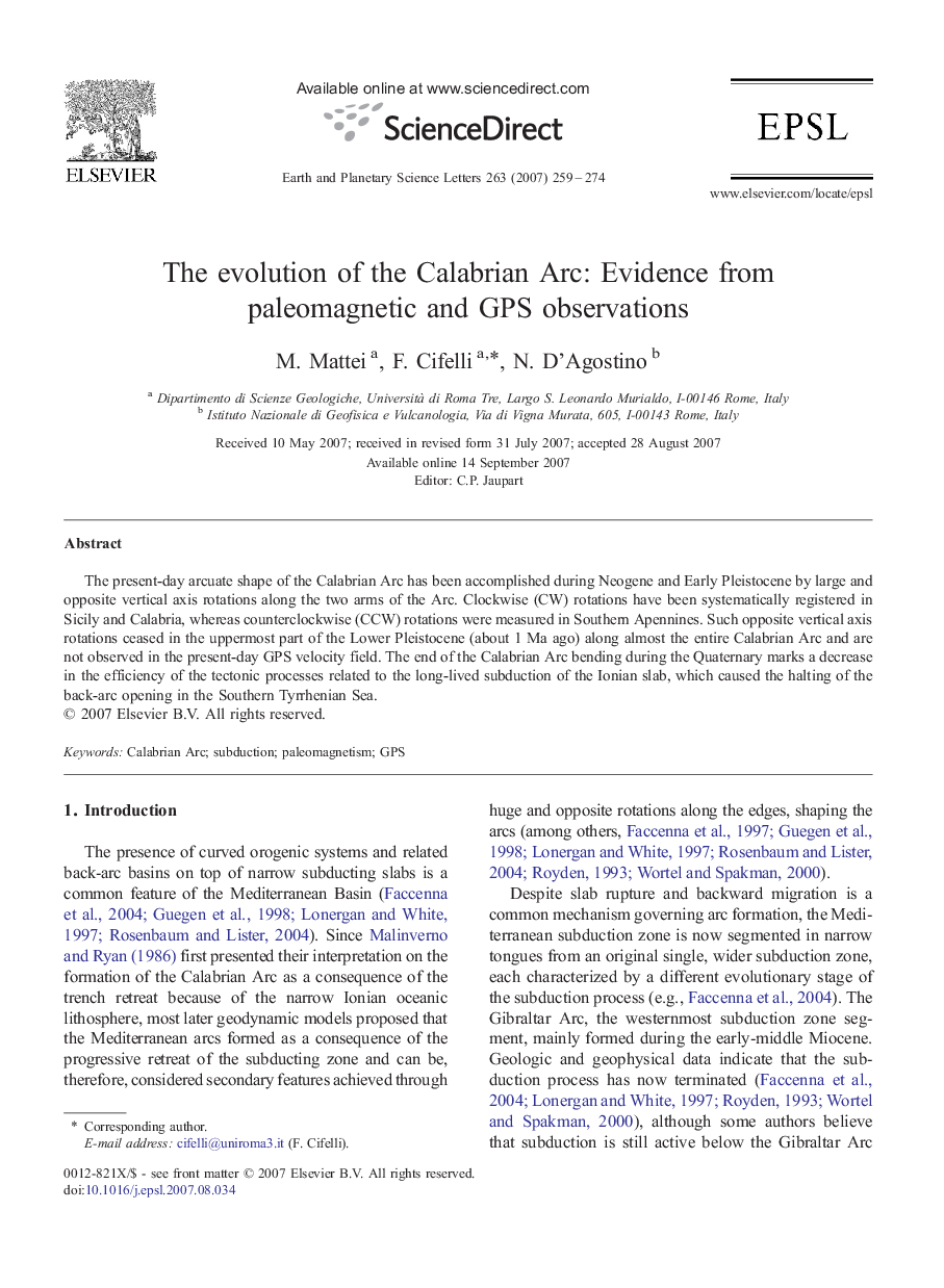 The evolution of the Calabrian Arc: Evidence from paleomagnetic and GPS observations