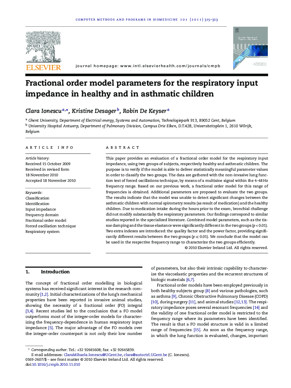 Fractional order model parameters for the respiratory input impedance in healthy and in asthmatic children