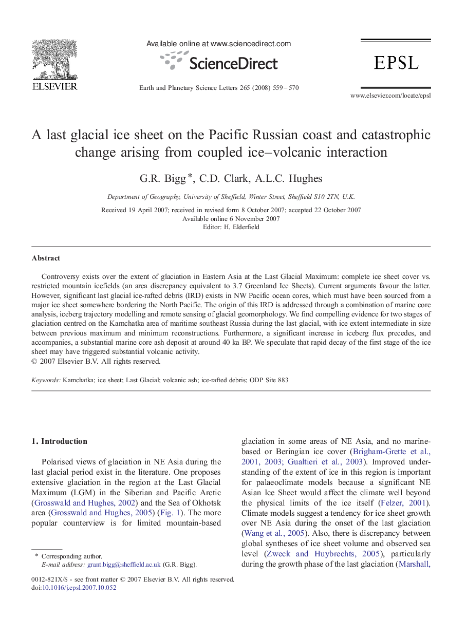 A last glacial ice sheet on the Pacific Russian coast and catastrophic change arising from coupled ice–volcanic interaction