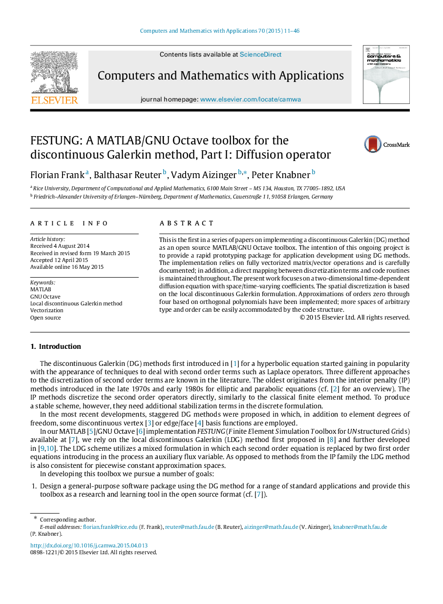 FESTUNG: A MATLAB/GNU Octave toolbox for the discontinuous Galerkin method, Part I: Diffusion operator