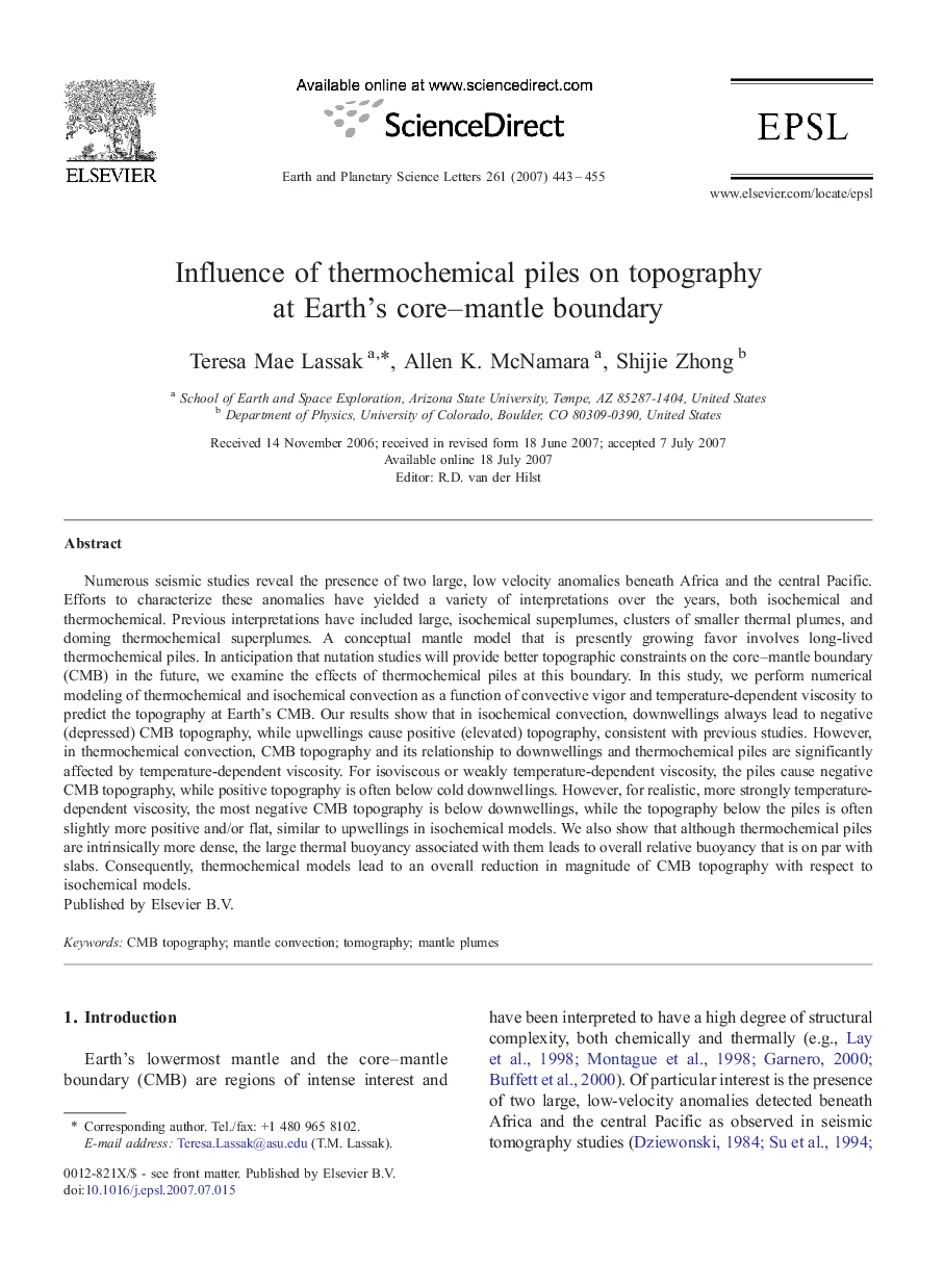 Influence of thermochemical piles on topography at Earth's core–mantle boundary