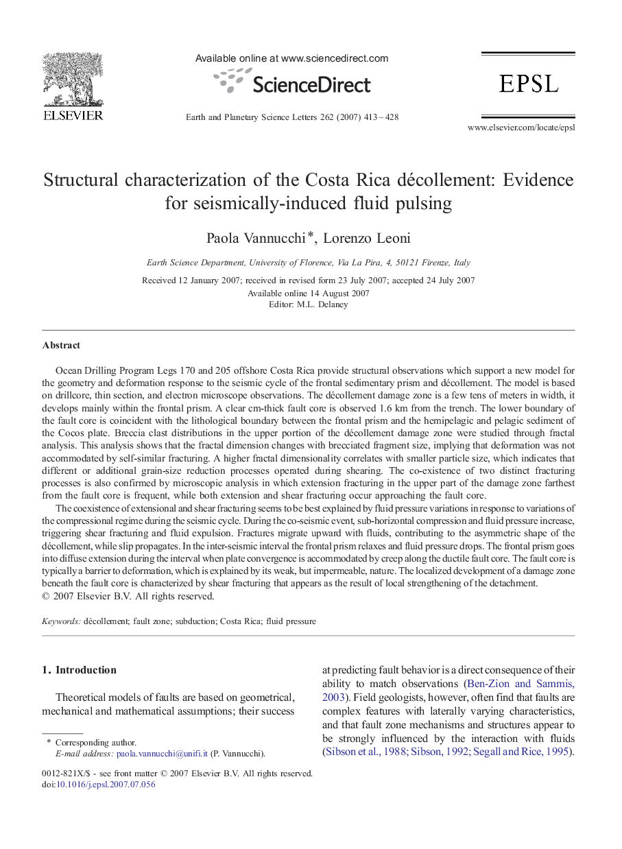 Structural characterization of the Costa Rica décollement: Evidence for seismically-induced fluid pulsing