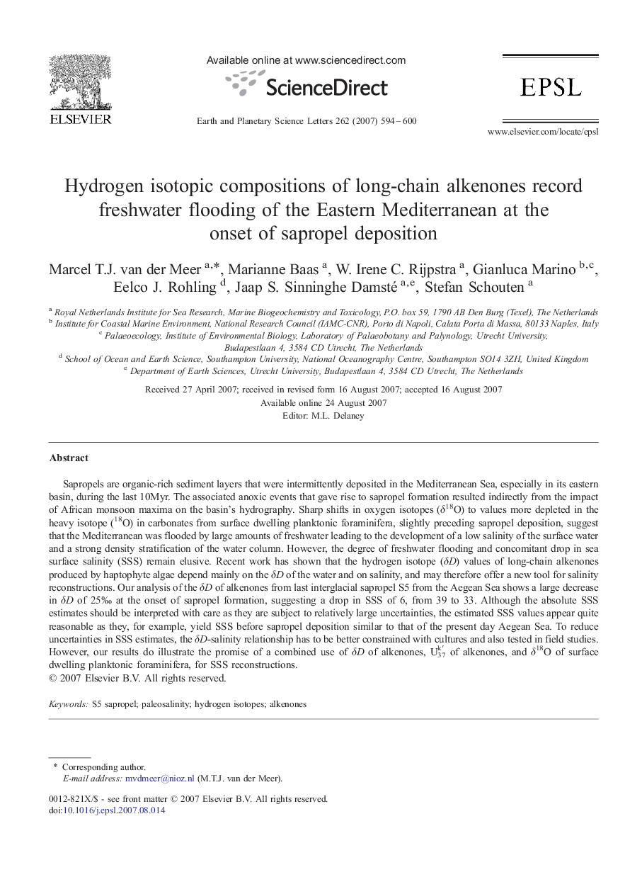 Hydrogen isotopic compositions of long-chain alkenones record freshwater flooding of the Eastern Mediterranean at the onset of sapropel deposition