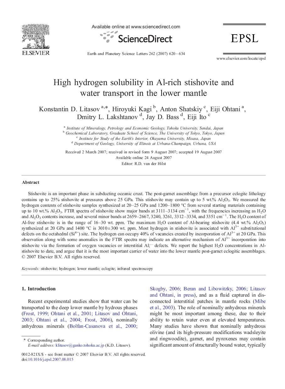 High hydrogen solubility in Al-rich stishovite and water transport in the lower mantle