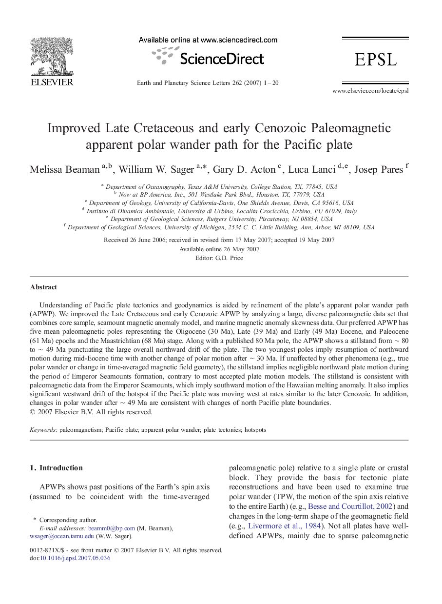 Improved Late Cretaceous and early Cenozoic Paleomagnetic apparent polar wander path for the Pacific plate