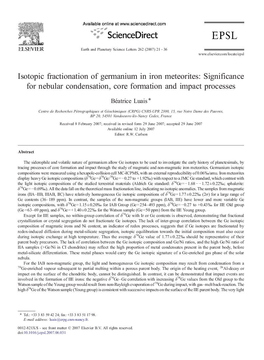 Isotopic fractionation of germanium in iron meteorites: Significance for nebular condensation, core formation and impact processes