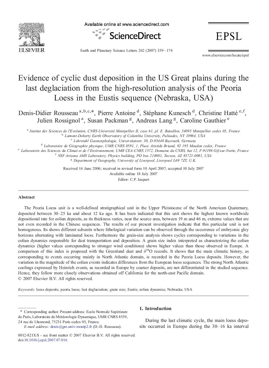 Evidence of cyclic dust deposition in the US Great plains during the last deglaciation from the high-resolution analysis of the Peoria Loess in the Eustis sequence (Nebraska, USA)