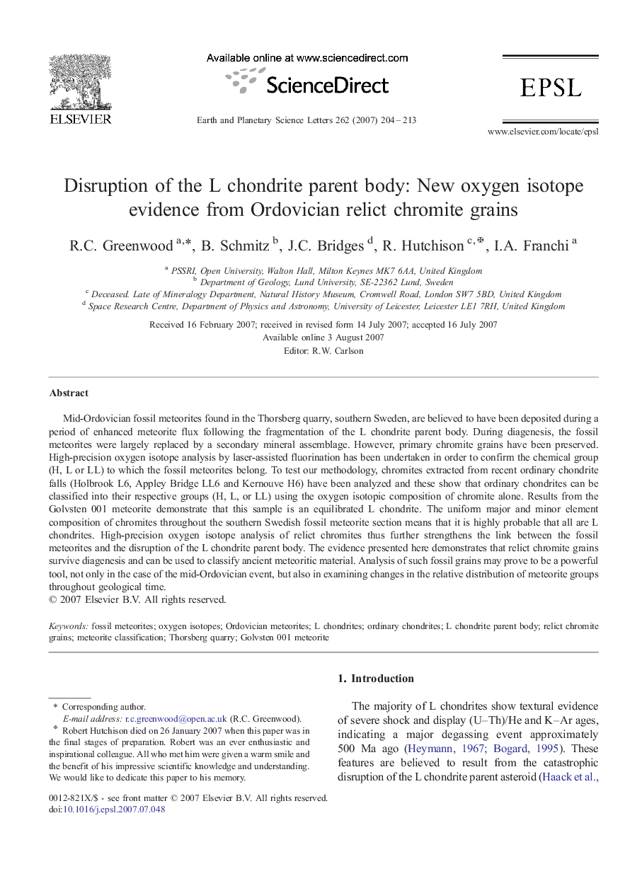 Disruption of the L chondrite parent body: New oxygen isotope evidence from Ordovician relict chromite grains