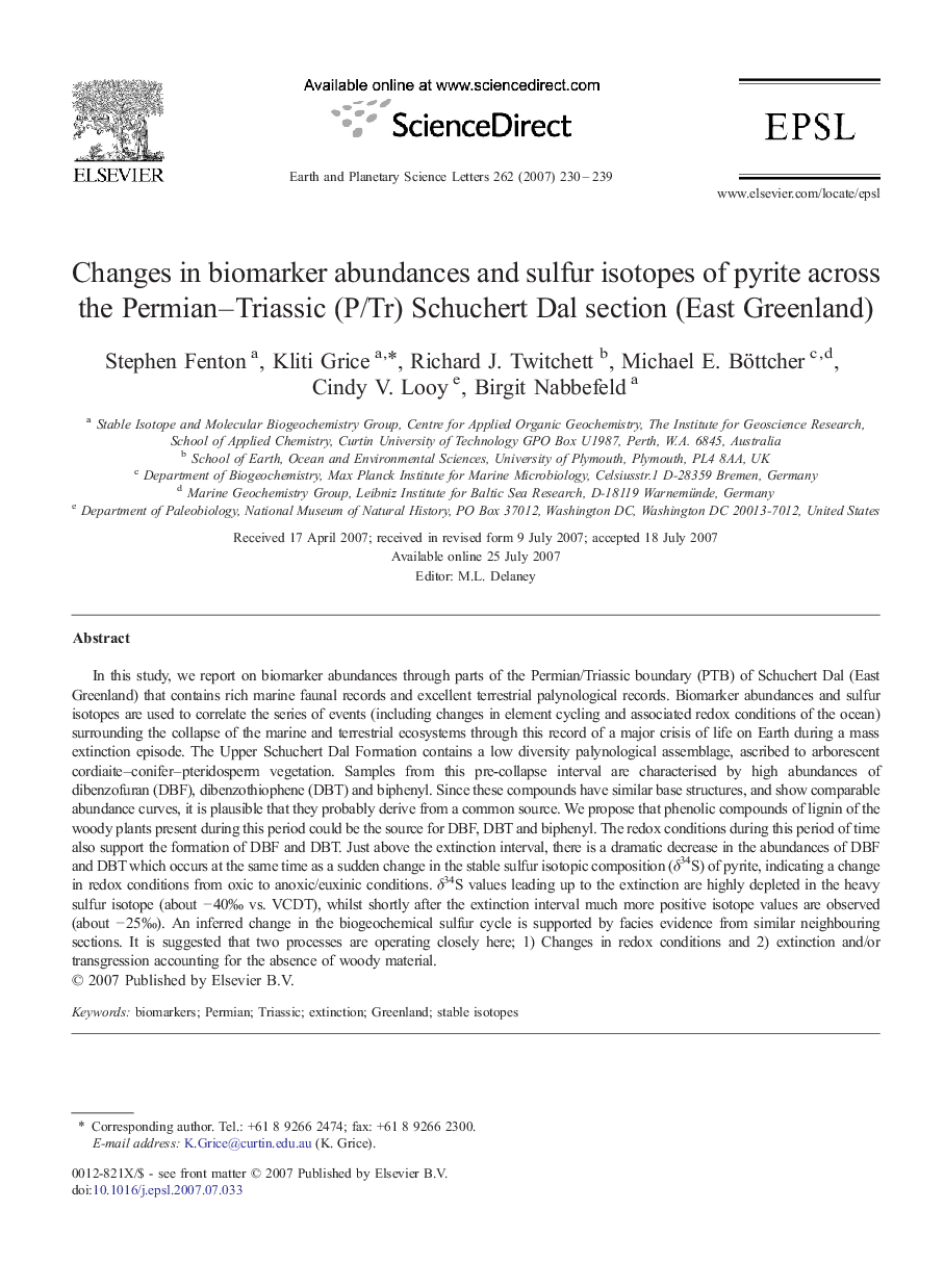 Changes in biomarker abundances and sulfur isotopes of pyrite across the Permian-Triassic (P/Tr) Schuchert Dal section (East Greenland)