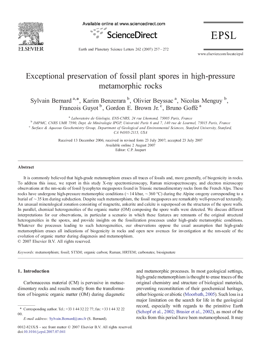 Exceptional preservation of fossil plant spores in high-pressure metamorphic rocks