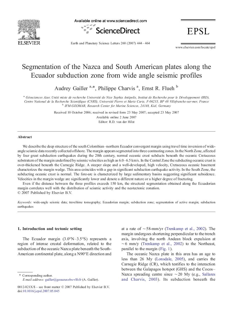 عکس صفحه اول مقاله: Segmentation of the Nazca and South American plates along the Ecuador subduction zone from wide angle seismic profiles Segmentation of the Nazca and South American plates along the Ecuador subduction zone from wide angle seismic profiles