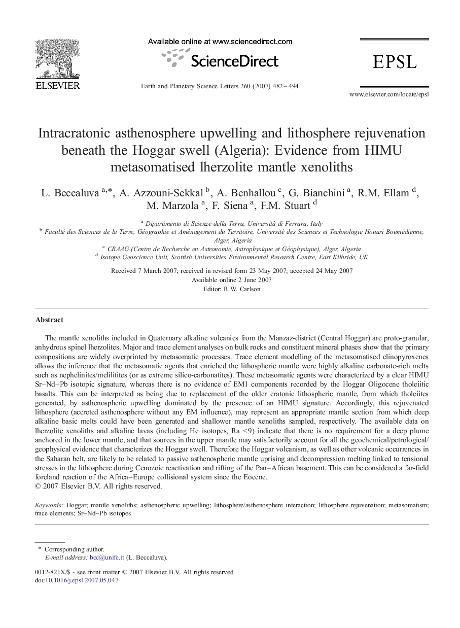 Intracratonic asthenosphere upwelling and lithosphere rejuvenation beneath the Hoggar swell (Algeria): Evidence from HIMU metasomatised lherzolite mantle xenoliths