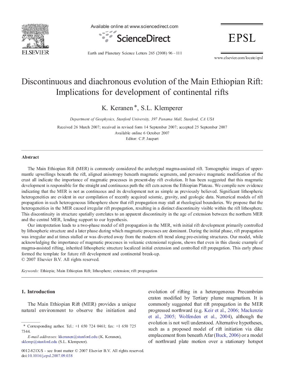 Discontinuous and diachronous evolution of the Main Ethiopian Rift: Implications for development of continental rifts