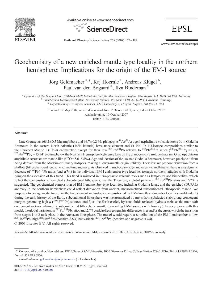 Geochemistry of a new enriched mantle type locality in the northern hemisphere: Implications for the origin of the EM-I source