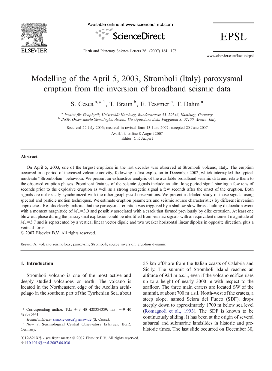 Modelling of the April 5, 2003, Stromboli (Italy) paroxysmal eruption from the inversion of broadband seismic data