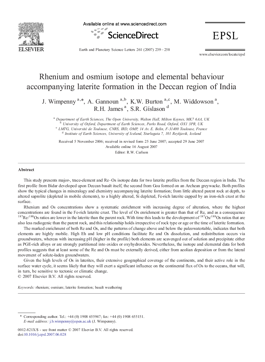 Rhenium and osmium isotope and elemental behaviour accompanying laterite formation in the Deccan region of India