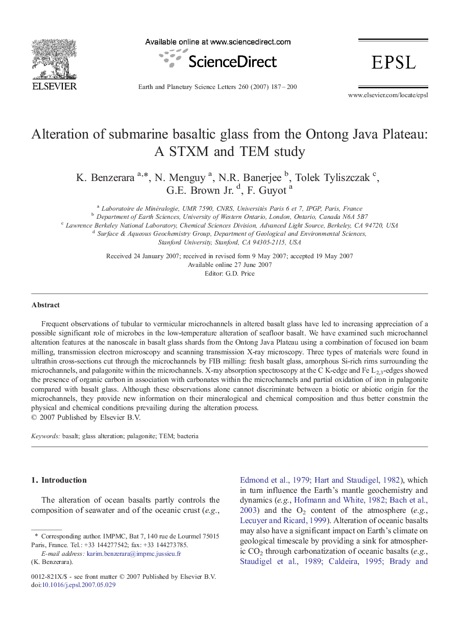 Alteration of submarine basaltic glass from the Ontong Java Plateau: A STXM and TEM study