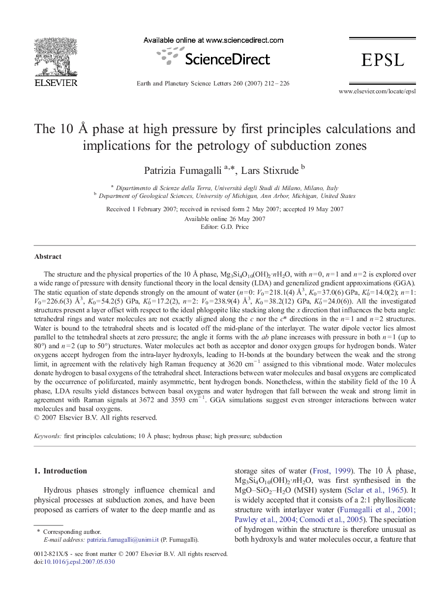 The 10 Å phase at high pressure by first principles calculations and implications for the petrology of subduction zones