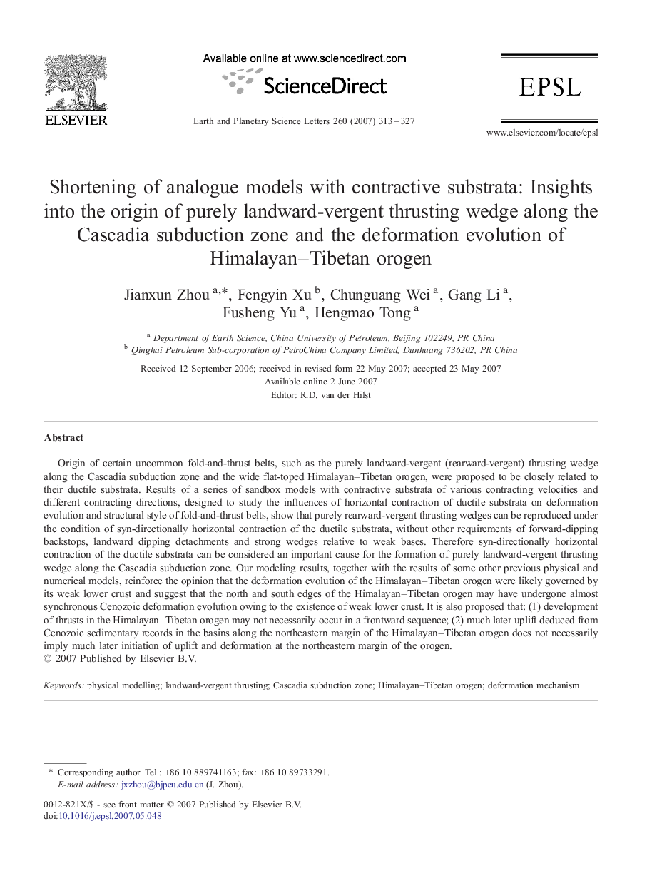 Shortening of analogue models with contractive substrata: Insights into the origin of purely landward-vergent thrusting wedge along the Cascadia subduction zone and the deformation evolution of Himalayan–Tibetan orogen