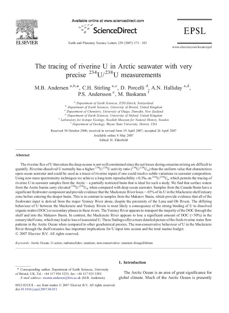 The tracing of riverine U in Arctic seawater with very precise 234U/238U measurements