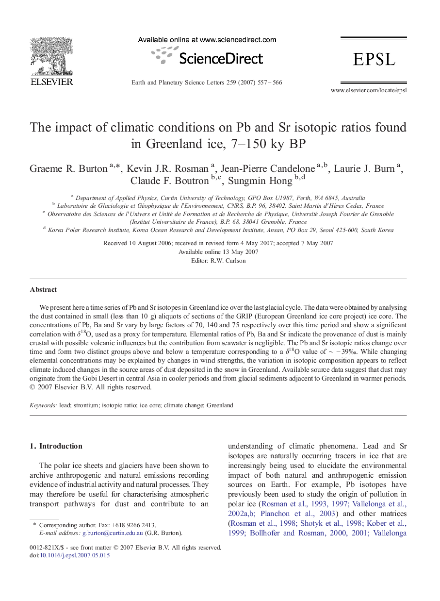 The impact of climatic conditions on Pb and Sr isotopic ratios found in Greenland ice, 7–150 ky BP