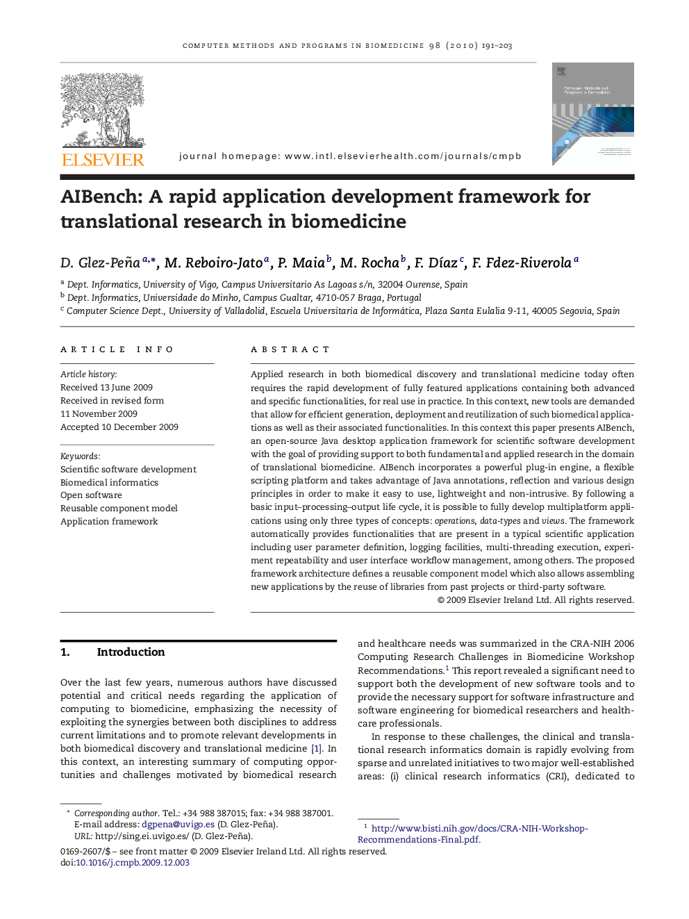 AIBench: A rapid application development framework for translational research in biomedicine