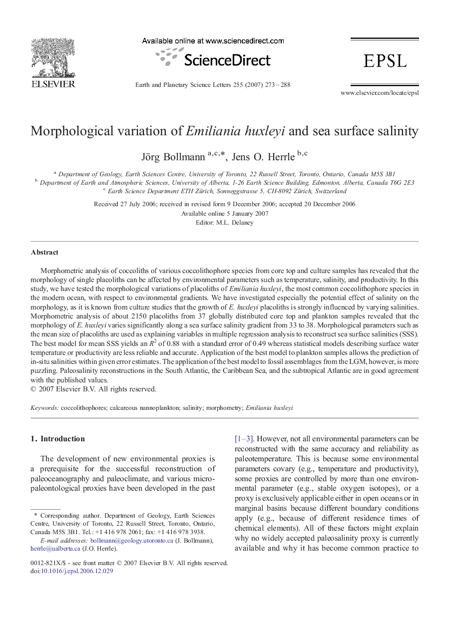 Morphological variation of Emiliania huxleyi and sea surface salinity