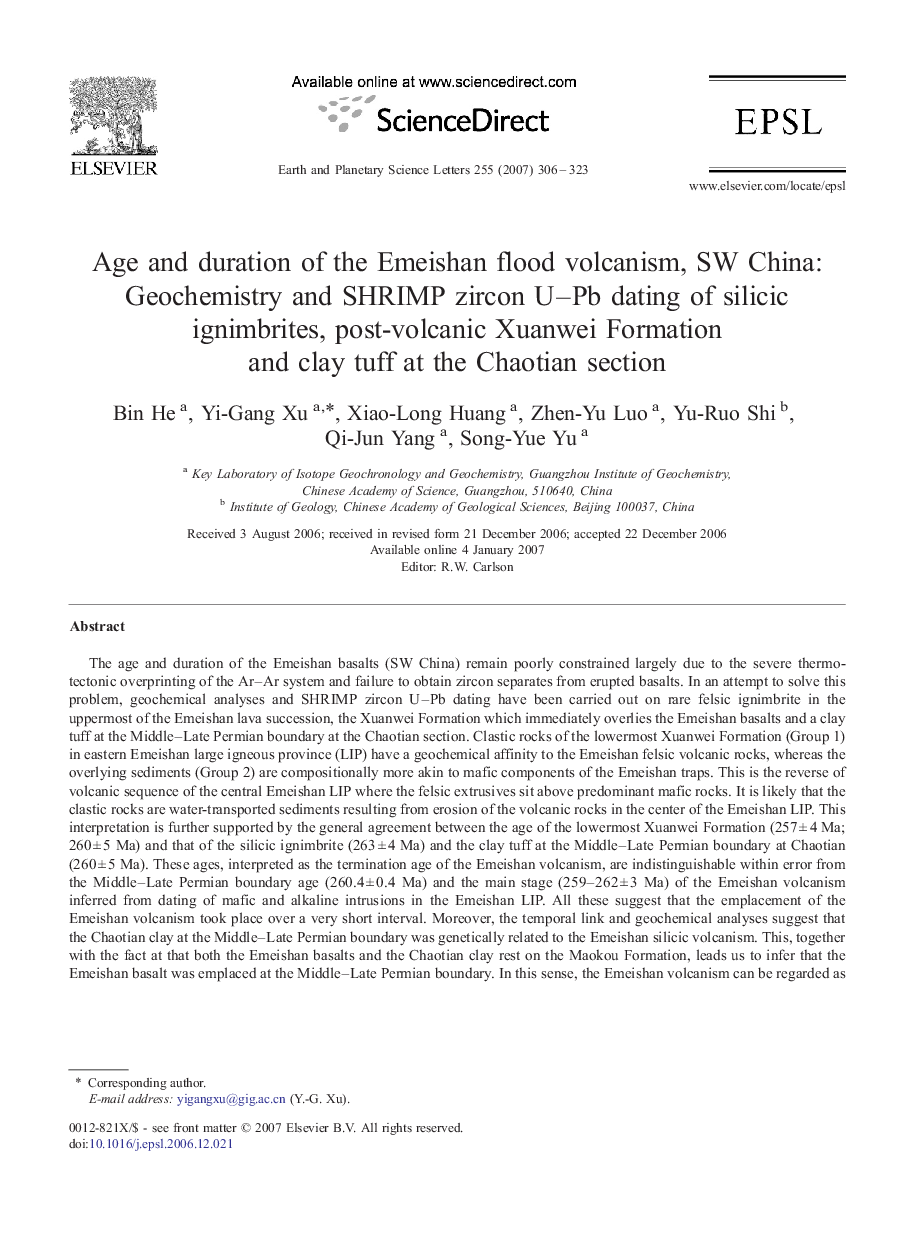 Age and duration of the Emeishan flood volcanism, SW China: Geochemistry and SHRIMP zircon U–Pb dating of silicic ignimbrites, post-volcanic Xuanwei Formation and clay tuff at the Chaotian section