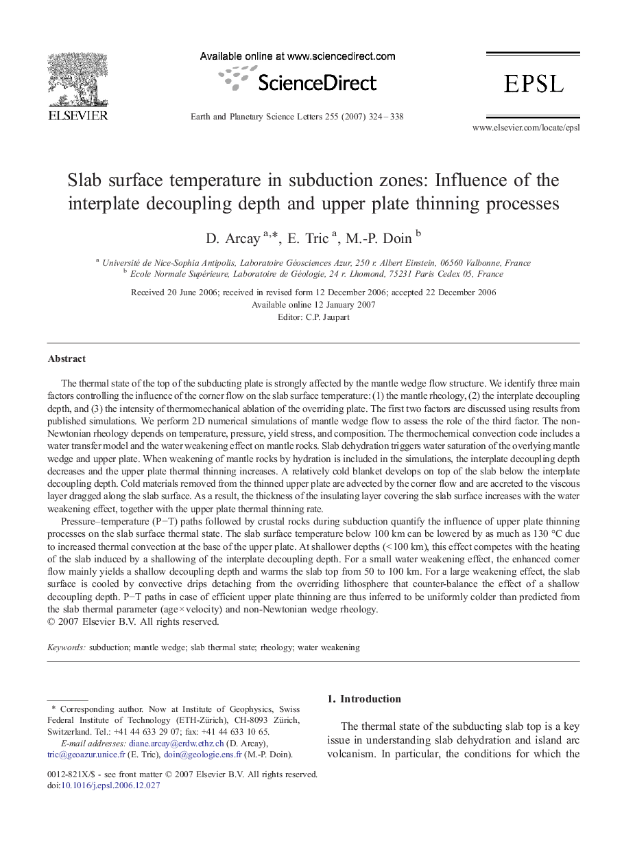 Slab surface temperature in subduction zones: Influence of the interplate decoupling depth and upper plate thinning processes