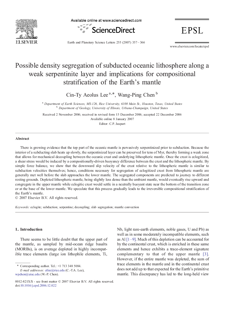 Possible density segregation of subducted oceanic lithosphere along a weak serpentinite layer and implications for compositional stratification of the Earth's mantle