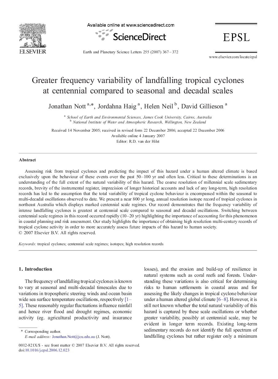 Greater frequency variability of landfalling tropical cyclones at centennial compared to seasonal and decadal scales