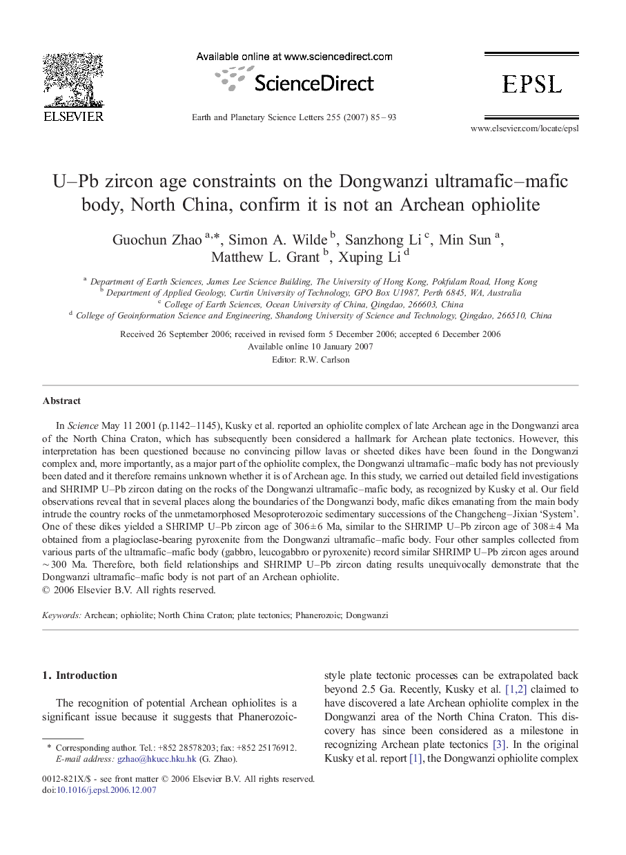 U–Pb zircon age constraints on the Dongwanzi ultramafic–mafic body, North China, confirm it is not an Archean ophiolite