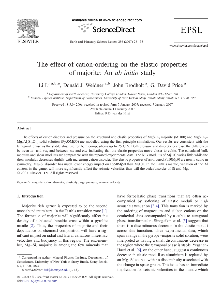 The effect of cation-ordering on the elastic properties of majorite: An ab initio study