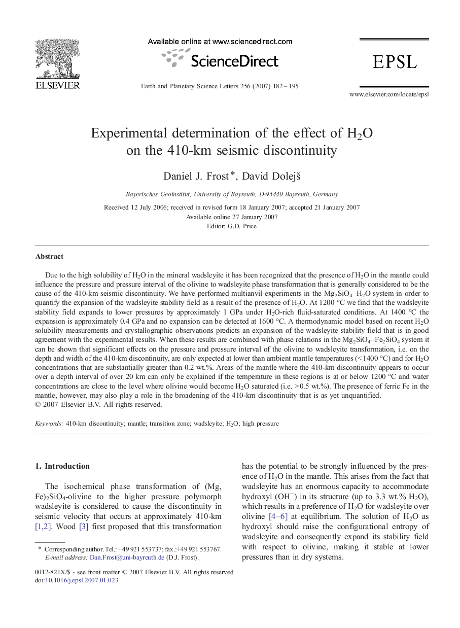 Experimental determination of the effect of H2O on the 410-km seismic discontinuity