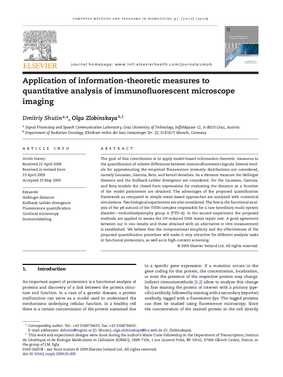 Application of information-theoretic measures to quantitative analysis of immunofluorescent microscope imaging