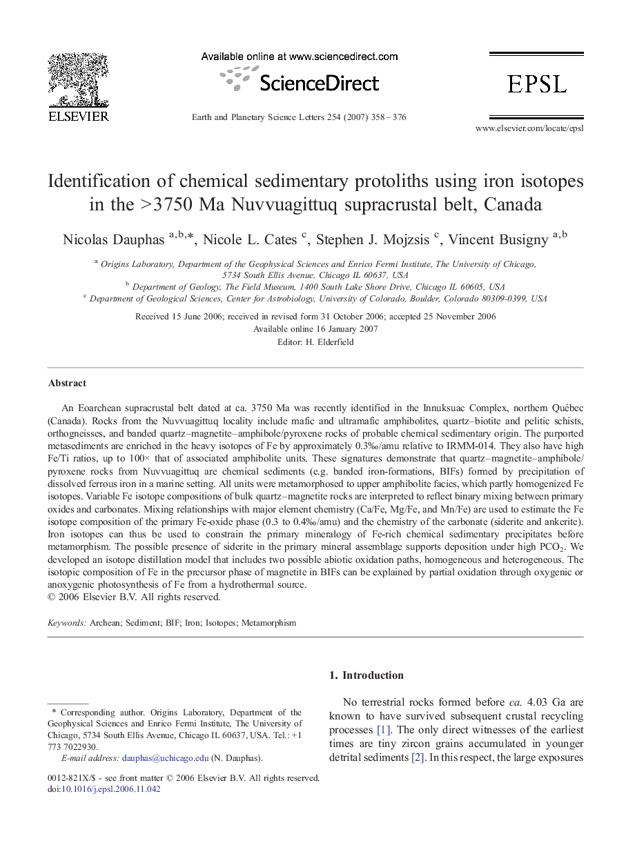 Identification of chemical sedimentary protoliths using iron isotopes in the > 3750 Ma Nuvvuagittuq supracrustal belt, Canada