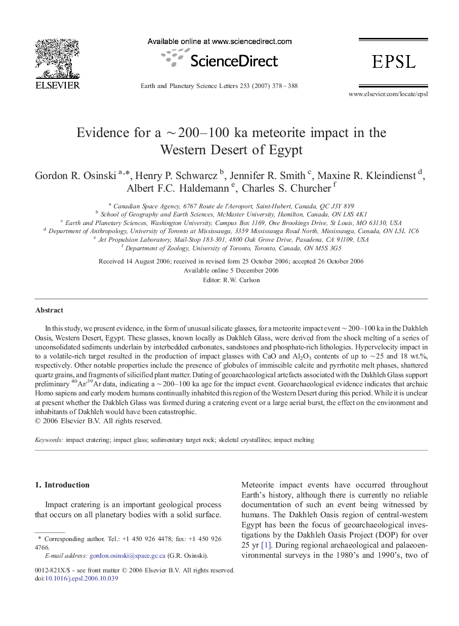 Evidence for a ∼ 200–100 ka meteorite impact in the Western Desert of Egypt