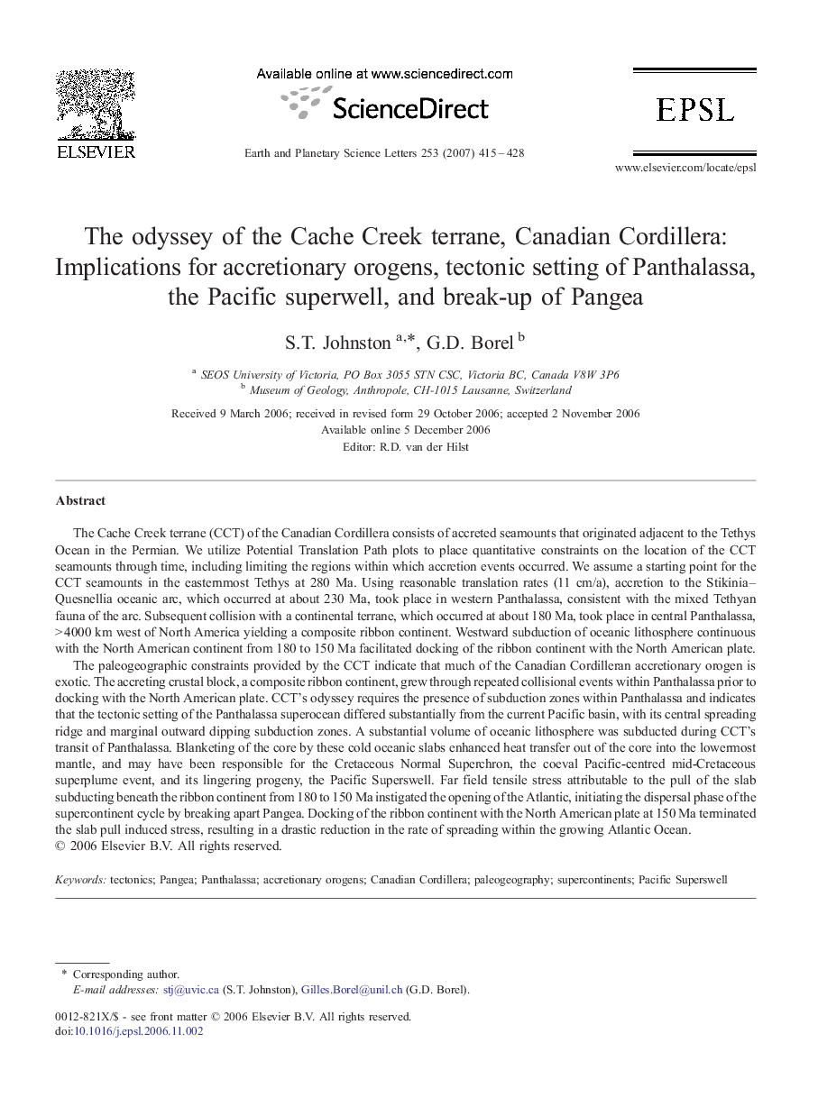 The odyssey of the Cache Creek terrane, Canadian Cordillera: Implications for accretionary orogens, tectonic setting of Panthalassa, the Pacific superwell, and break-up of Pangea