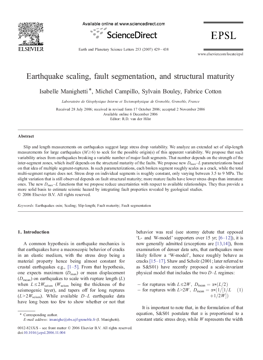 Earthquake scaling, fault segmentation, and structural maturity