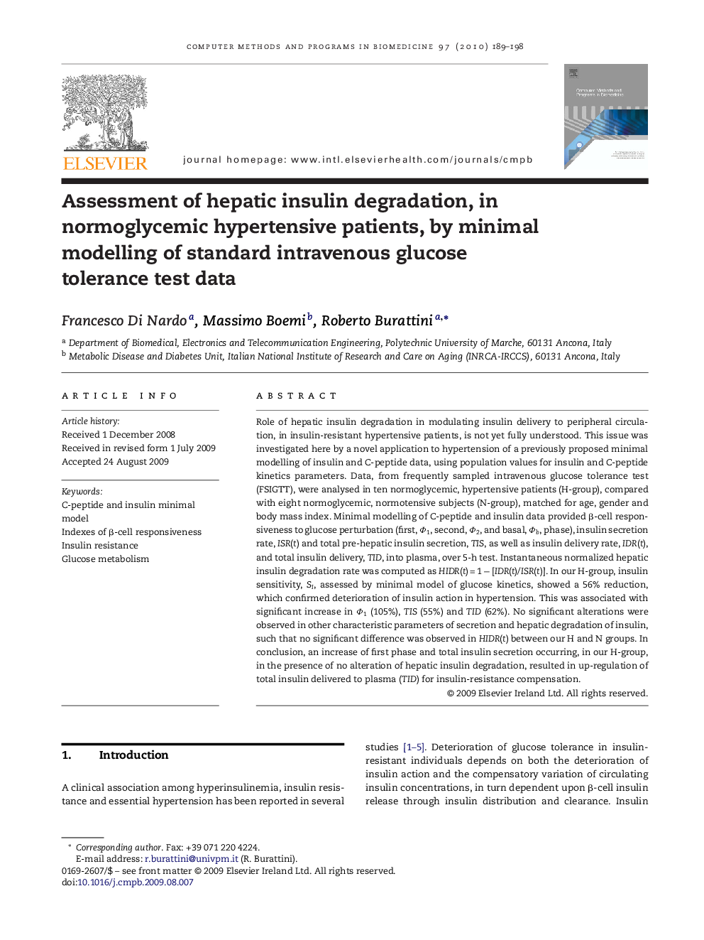 Assessment of hepatic insulin degradation, in normoglycemic hypertensive patients, by minimal modelling of standard intravenous glucose tolerance test data