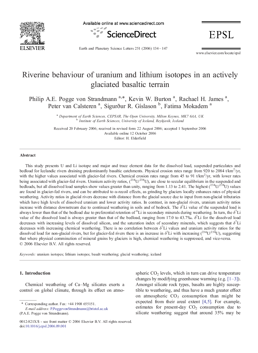 Riverine behaviour of uranium and lithium isotopes in an actively glaciated basaltic terrain