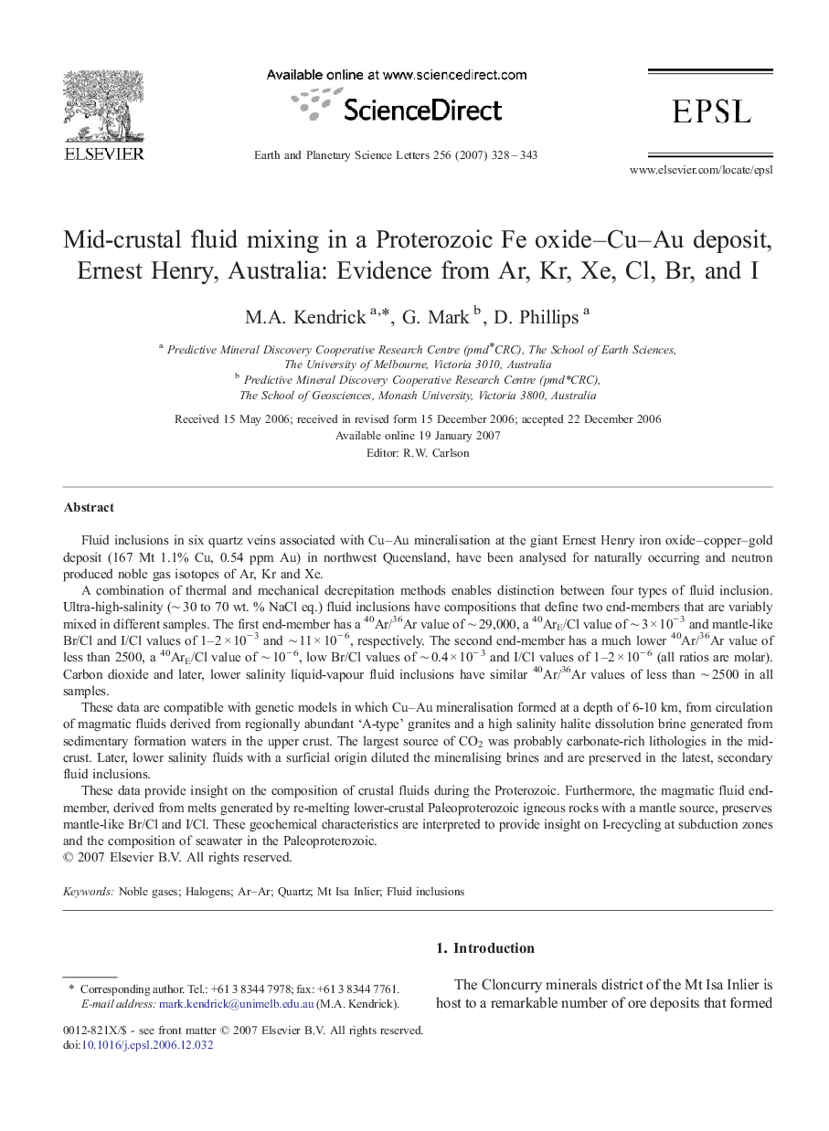 Mid-crustal fluid mixing in a Proterozoic Fe oxide–Cu–Au deposit, Ernest Henry, Australia: Evidence from Ar, Kr, Xe, Cl, Br, and I