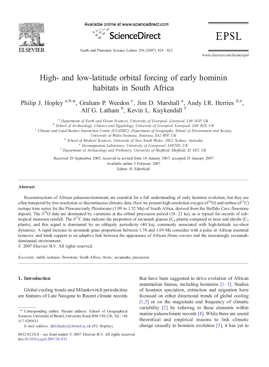 High- and low-latitude orbital forcing of early hominin habitats in South Africa