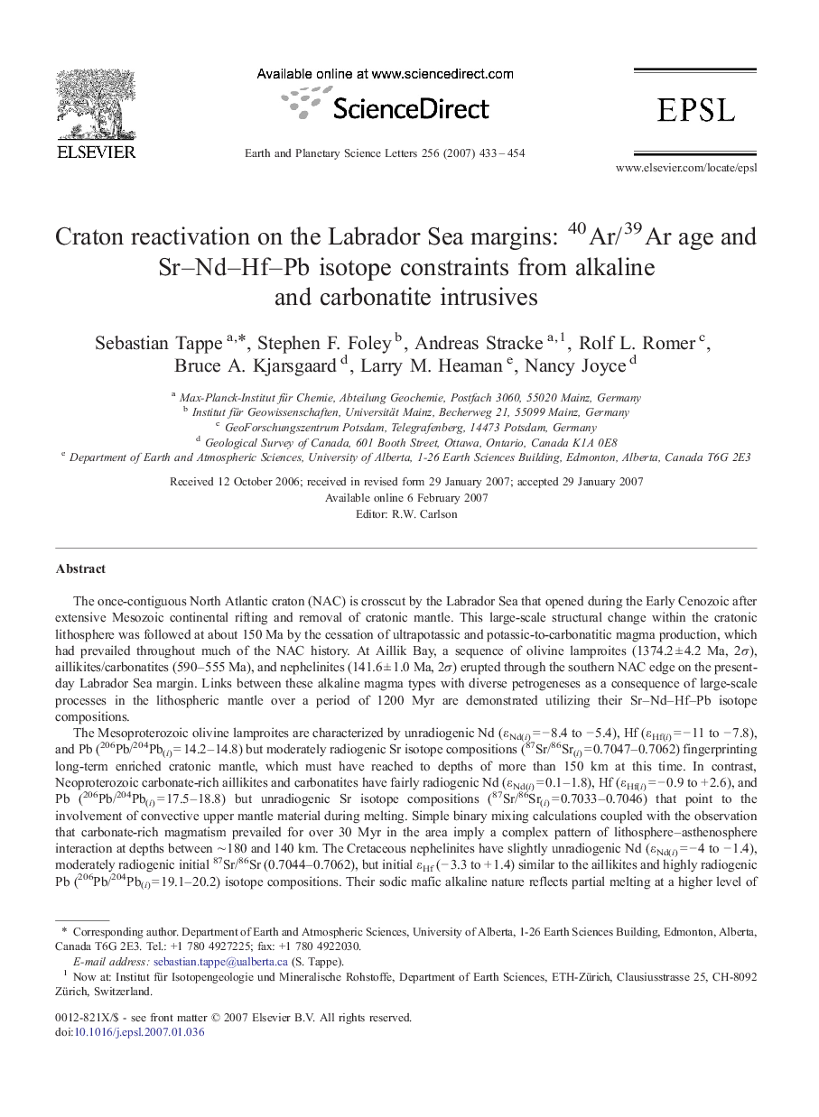 Craton reactivation on the Labrador Sea margins: 40Ar/39Ar age and Sr–Nd–Hf–Pb isotope constraints from alkaline and carbonatite intrusives